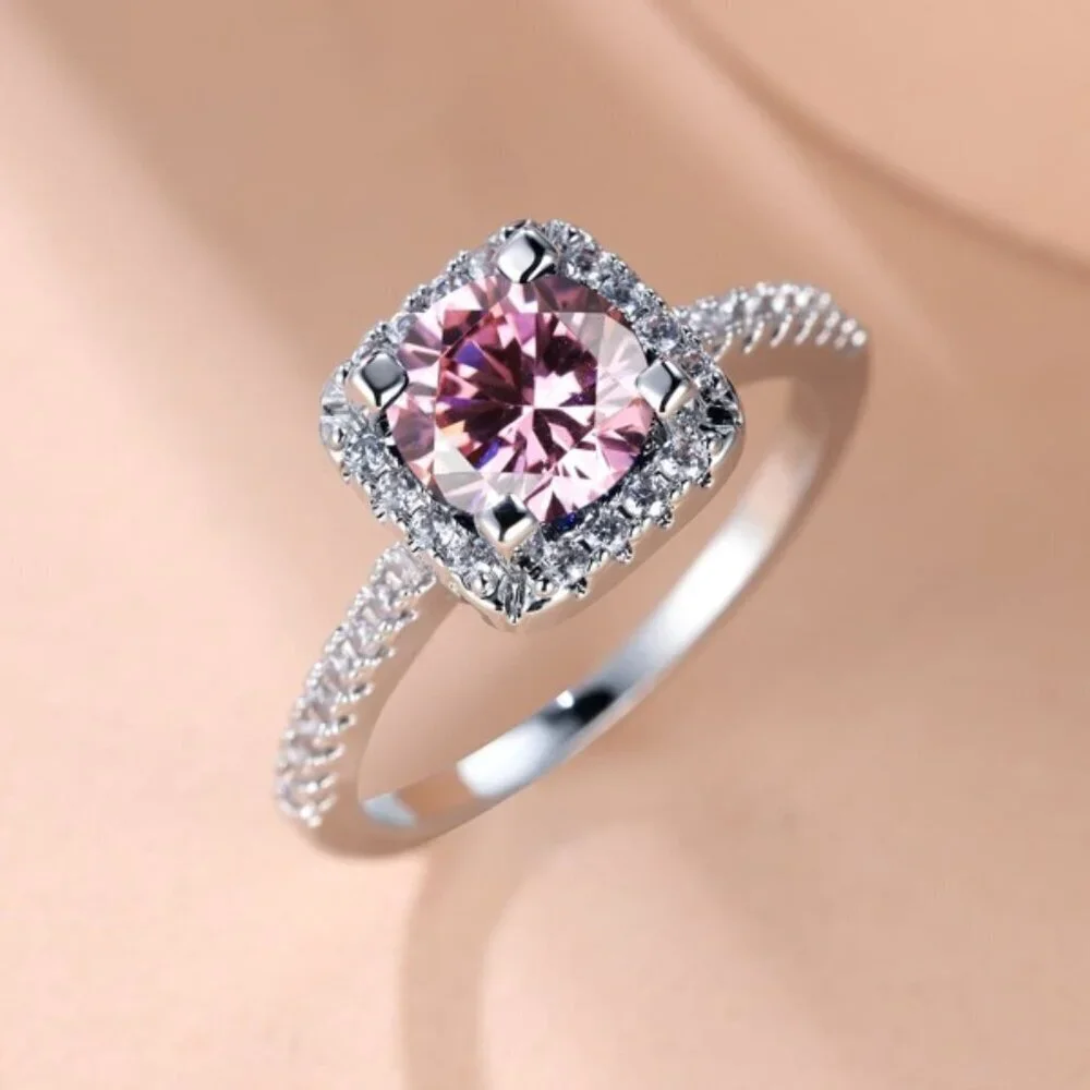 Sterling Silver 925 Pink Sapphire & Moissanite Halo Ring